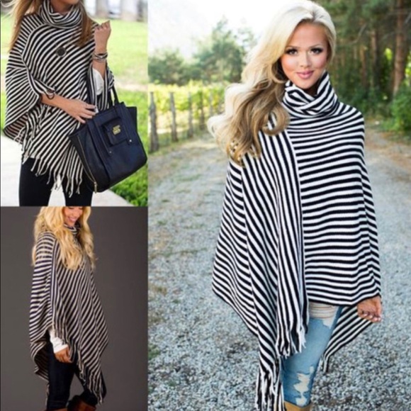 Striped Knit Turtle Neck Poncho Sweater - Picture 3 of 3